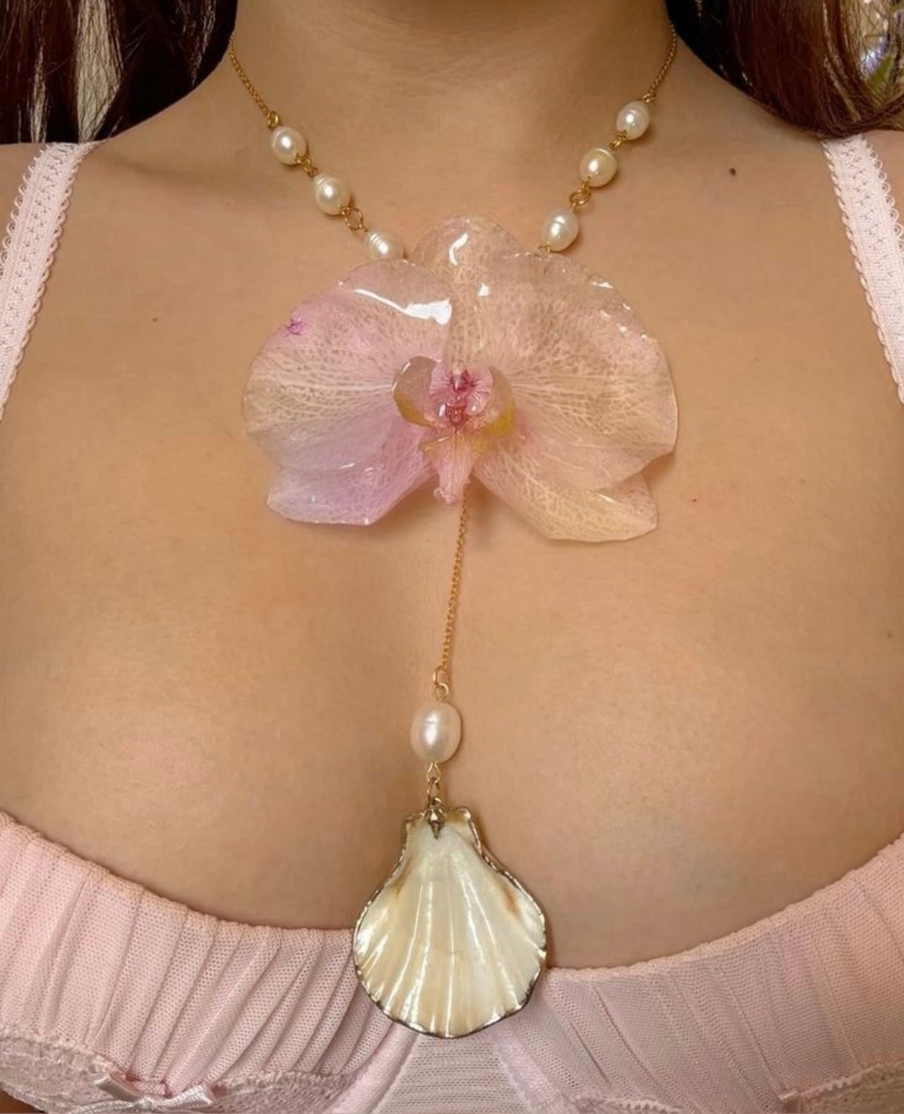 Ethereal Orchid and Seashell Pearl Necklace